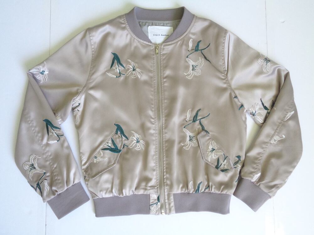 Embroidered Satin Bomber Jacket Taupe Tan Women's S or M Korea By Fruit Basket